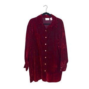 Spiegel Velvet Long Sleeve Top Size 1X Red Tunic Full Button Front Collared Boho